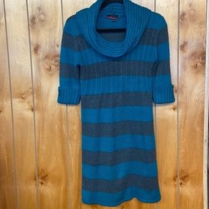 Womens Large Sweater Dress Cowl Neck Teal&Grey Striped